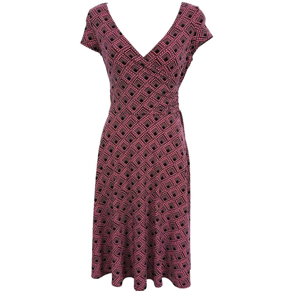 London Times Stretch Jersey Knit Black Pink Short Sleeve V-Neck Dress sz 6